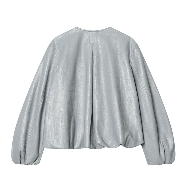 Women nan short shiny oversized bomber jacket with gathered chest yoke and voluminous balloon sleeves Mune Fashion