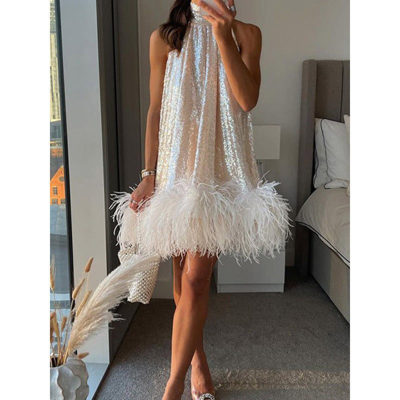 Women's sequin dress with feather trim and stand-up collar Mune Fashion