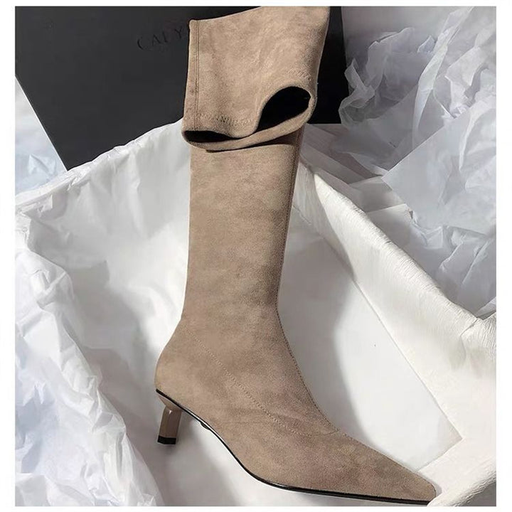 Women’s knee boots with folded shaft, pointed toe shape and kitten heel Mune Fashion