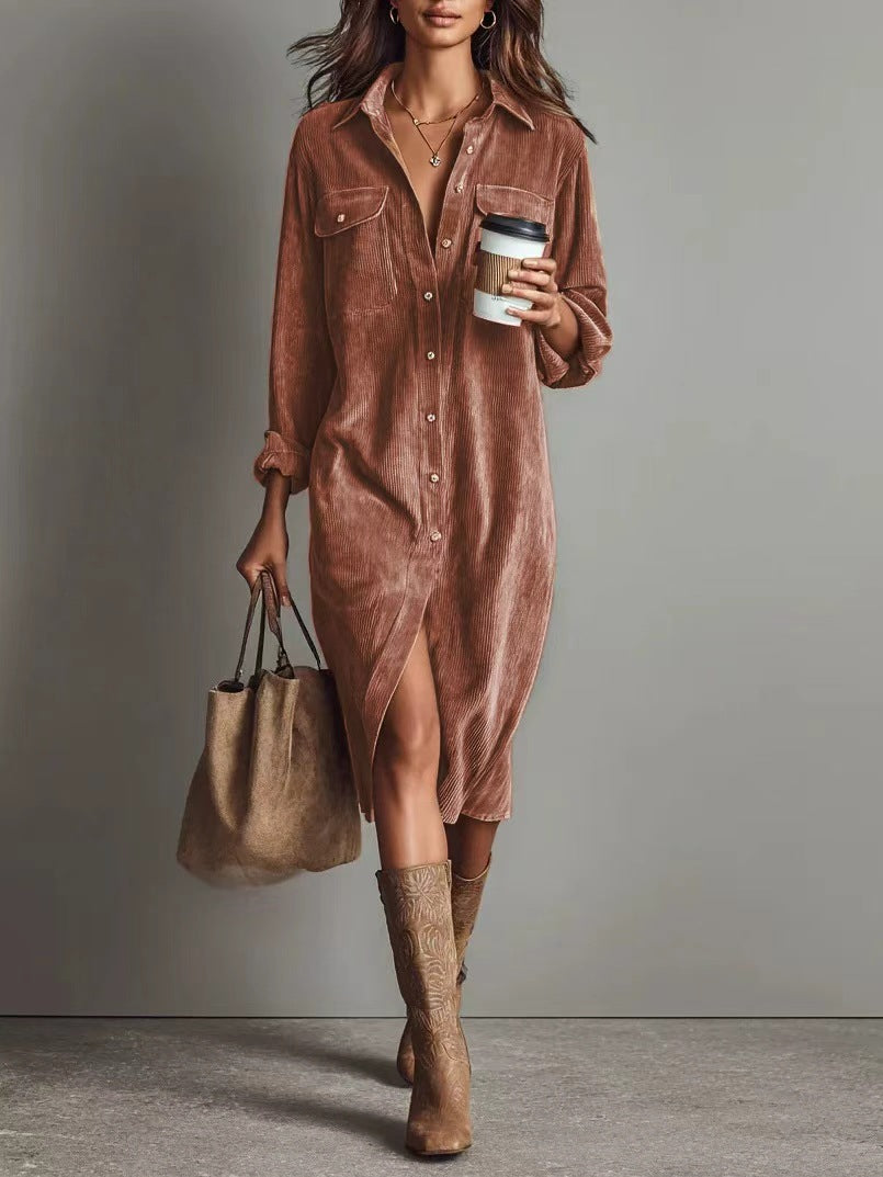 Women's shirt dress made of corduroy with breast pockets, button placket and slit Mune Fashion
