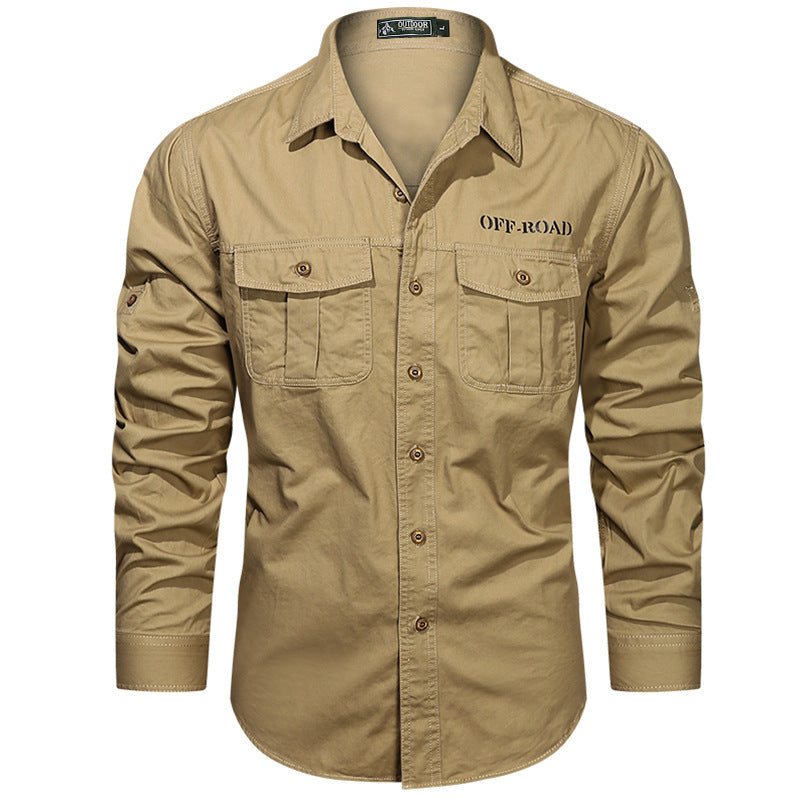 Men's robust utility shirt with double chest pockets and arm roll tab