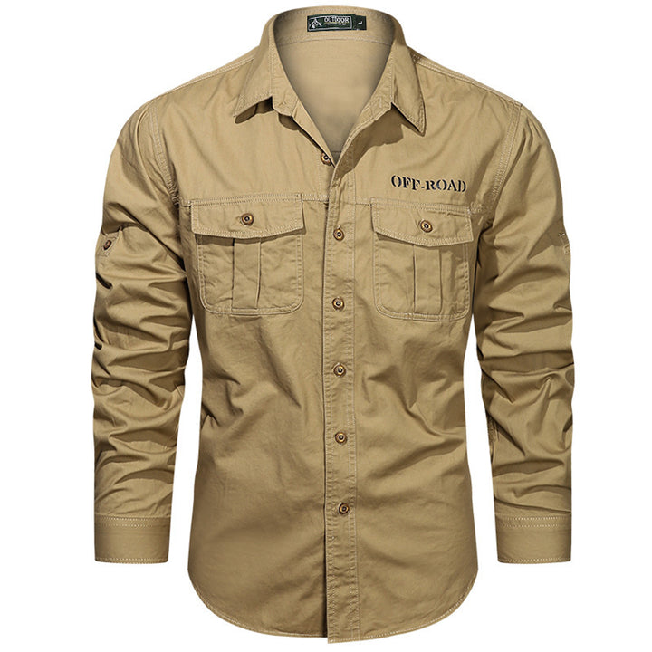 Men's robust utility shirt with double chest pockets and arm roll tab