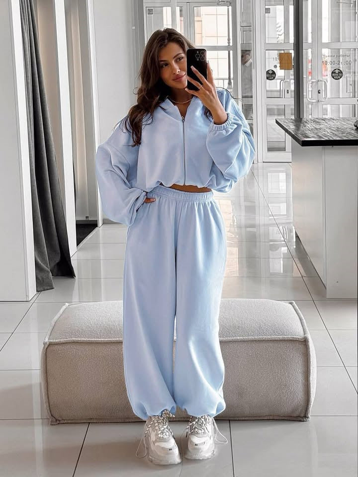 Women nan oversized hoodie jacket with full zip and high waist elastic waistband jogging pants set Mune Fashion