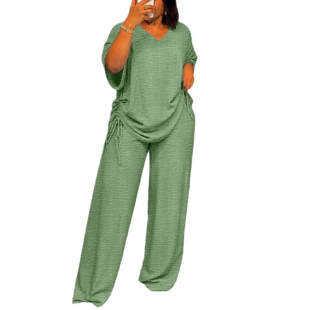 Women's Oversize Lounge Set with V-neck, side gathering, and wide palazzo pants Drune
