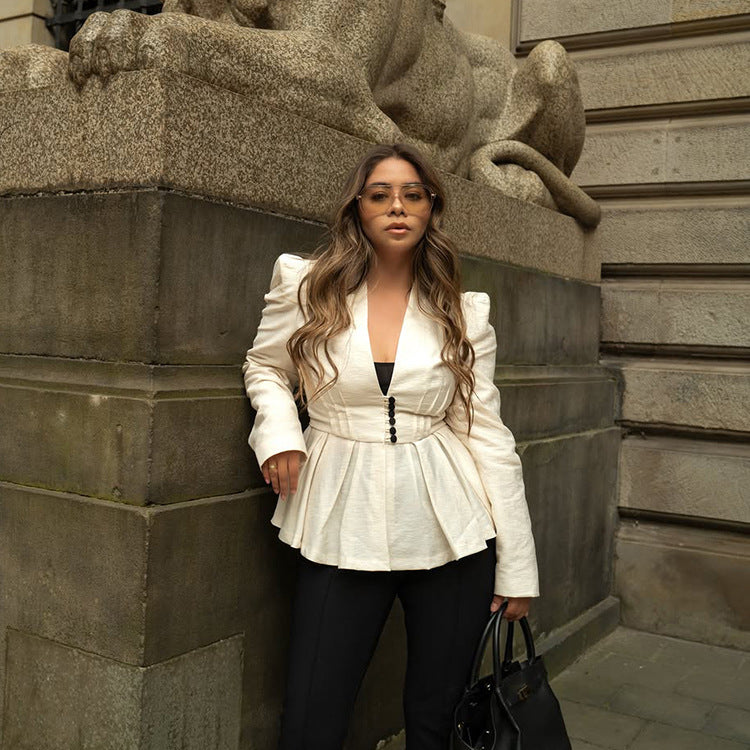 Ladies Tailored Peplum Blazer with Sculpted Shoulder and Decorative Button Placket Mune Fashion