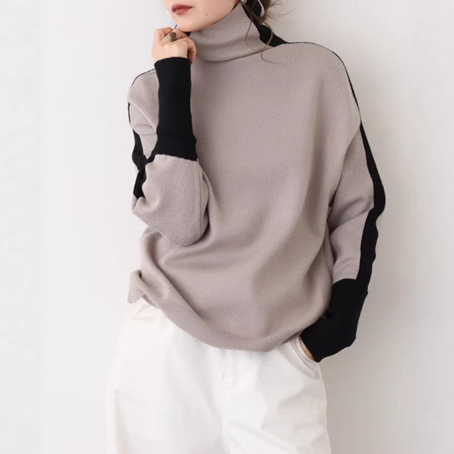 Women's Roll Neck Fine Knit Sweater with Wide Raglan Sleeves and Contrast Stripes Mune Fashion