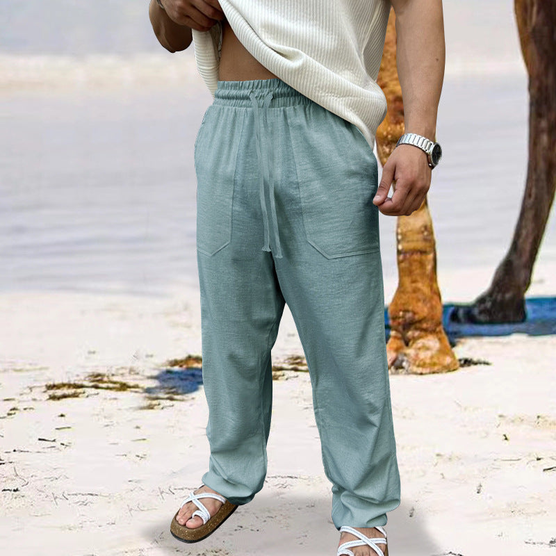 Men's airy linen relaxed pants with straight leg, patch front pockets, and elastic drawstring Mune Fashion