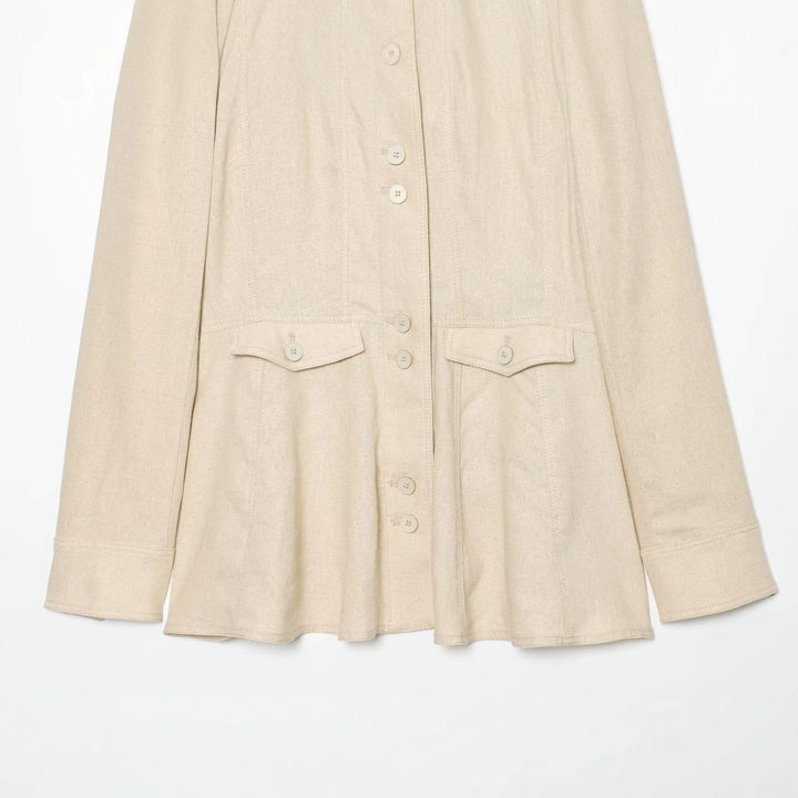 Women's Lightweight Linen-Look Shirt Jacket with Stand Collar, Button Placket and Flared Hem Mune Fashion