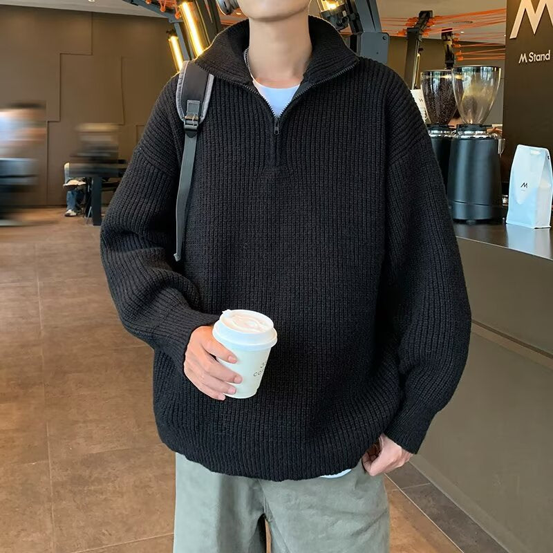 Men's Soft Oversized Ribbed Knit Sweater with Concealed Half Zip and Polo Collar Mune Fashion