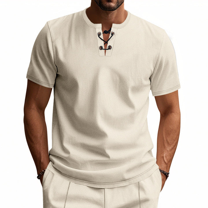 Men's short-sleeve shirt with lacing at the neckline and waffle texture Mune Fashion