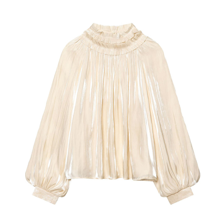 Women's pleated high-neck blouse with ruffled collar, balloon sleeves and elastic cuffs Mune Fashion