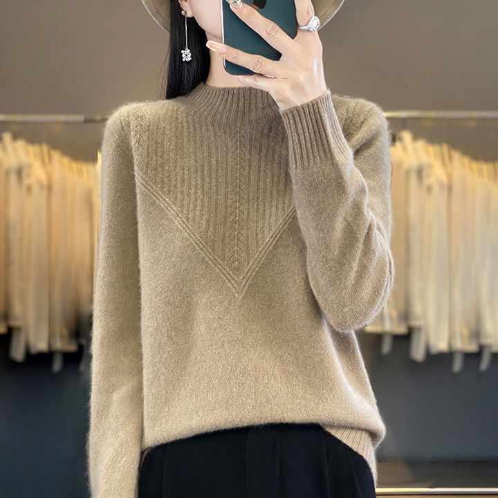 Women's Loose Mohair Blend Sweater with Textured V Panel and Stand Collar Mune Fashion