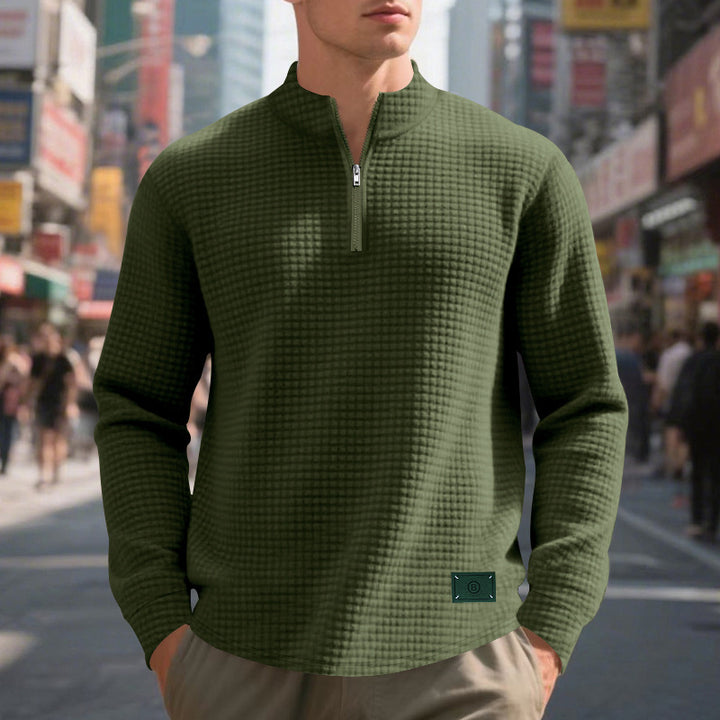 Men's nano lightweight waffle knit pullover with short collar zipper and rounded hem Mune Fashion