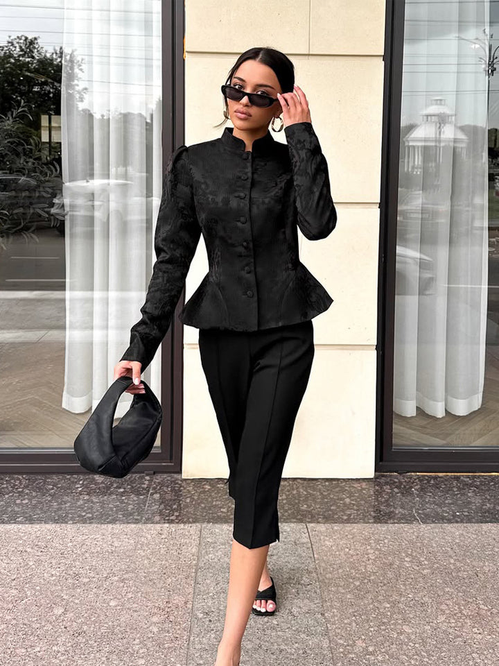Women's Tailored Jacquard Blazer with Stand Collar, Puff Sleeves and Peplum Mune Fashion