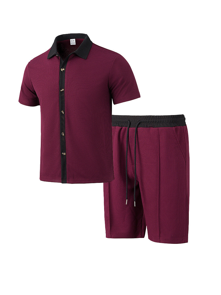 Men's modern leisure set made of fine textured jersey with shirt collar button placket and drawstring shorts Mune Fashion