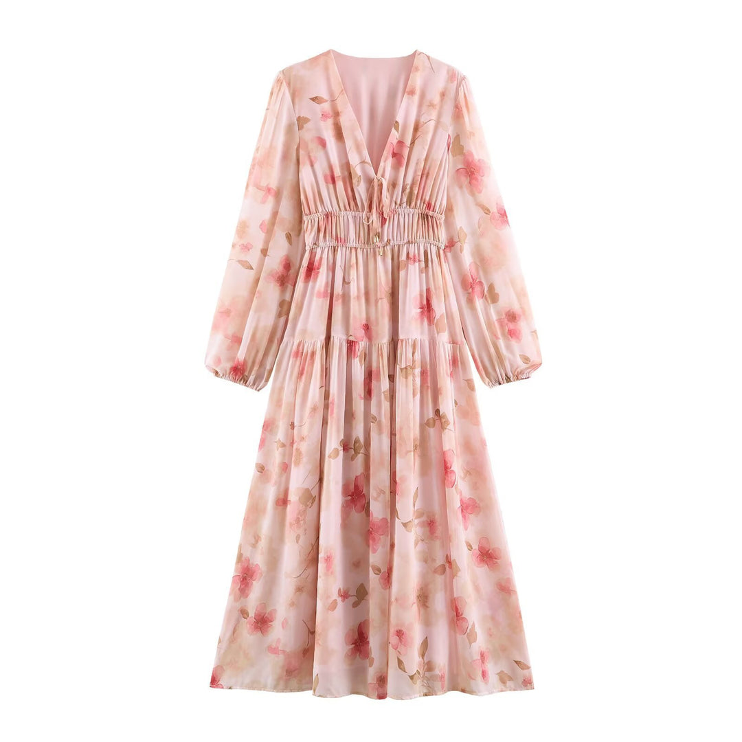 Women's Airy Chiffon Midi Dress with Deep V-Neck, Ruffled Smock Waist, and Flounce Layers Mune Fashion