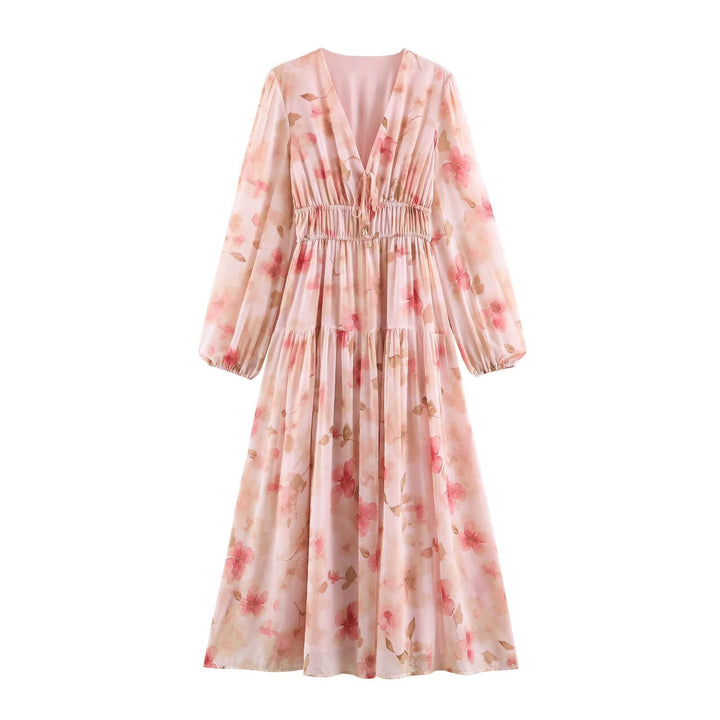 Women's Airy Chiffon Midi Dress with Deep V-Neck, Ruffled Smock Waist, and Flounce Layers Mune Fashion