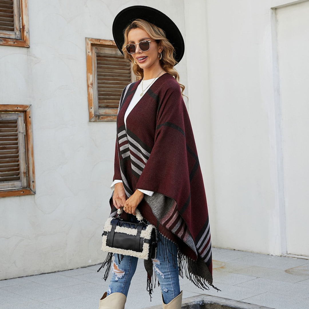 Women Kastiger Ruana Wrap with Fringes and Diagonal Stripe Jacquard Mune Fashion