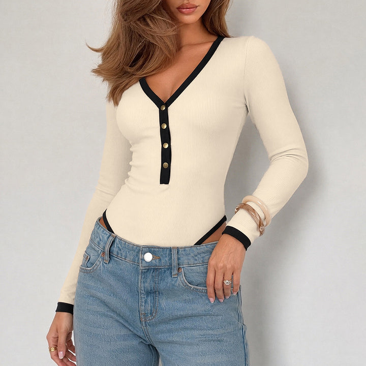 Ladies Long Sleeve Bodysuit with V-Neck Mune Fashion
