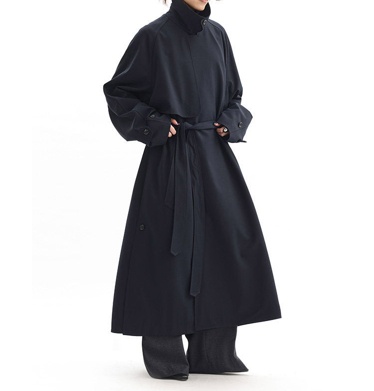 Ladies Fashionable Long Coat with High Neck Collar and Waist Belt Mune Fashion