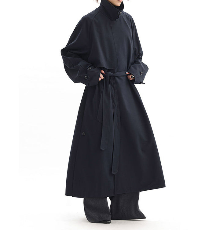 Ladies Fashionable Long Coat with High Neck Collar and Waist Belt Mune Fashion