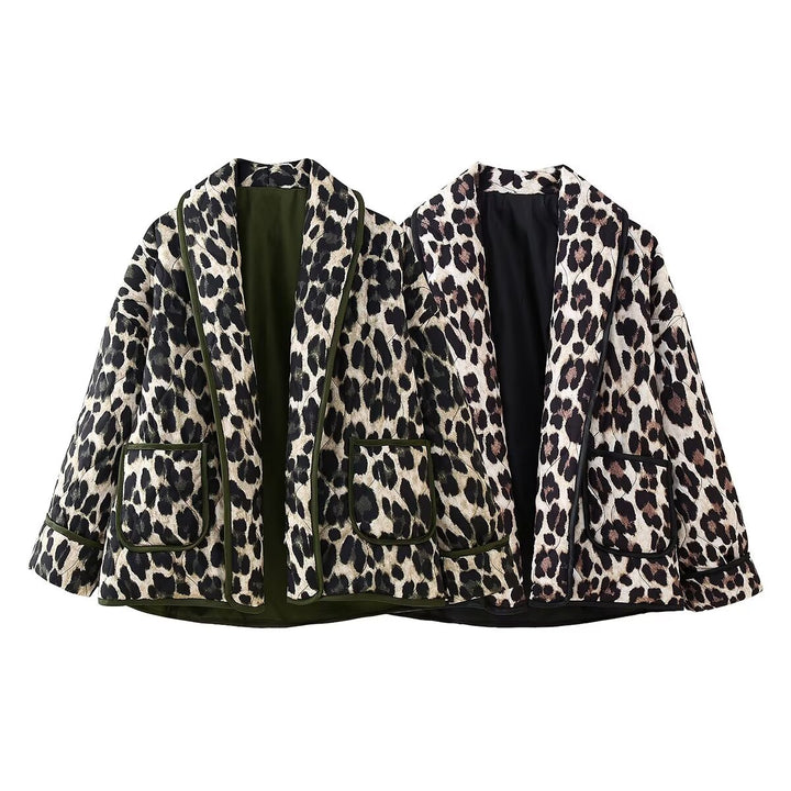 Women's Padded Kimono Jacket with Leopard Print, Oversized Cut and Patch Pockets Mune Fashion