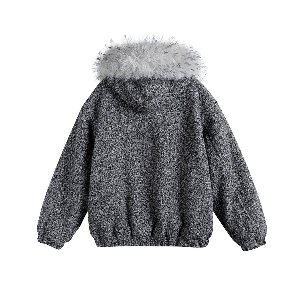 Women's Boucle Blouson Jacket with Voluminous Faux Fur Collar and Thermal Lining Mune Fashion