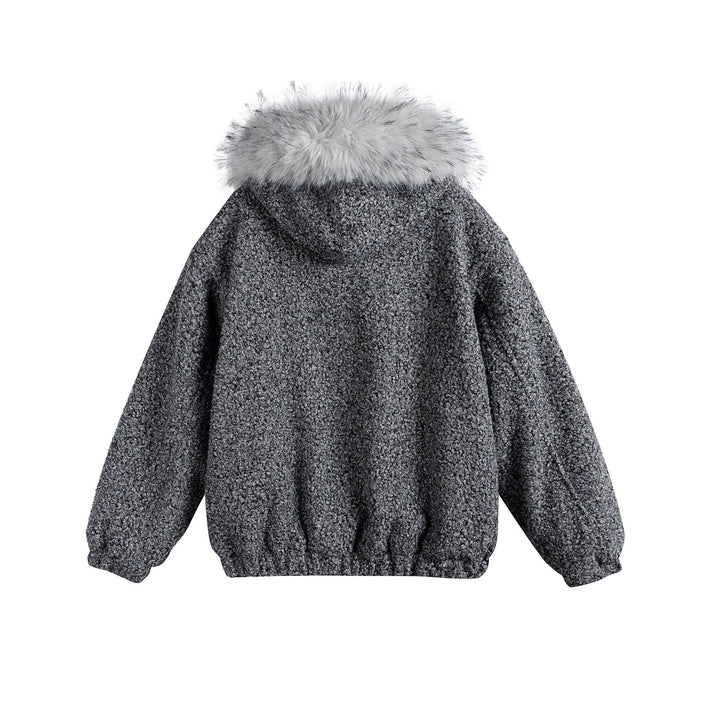 Women's Boucle Blouson Jacket with Voluminous Faux Fur Collar and Thermal Lining Mune Fashion