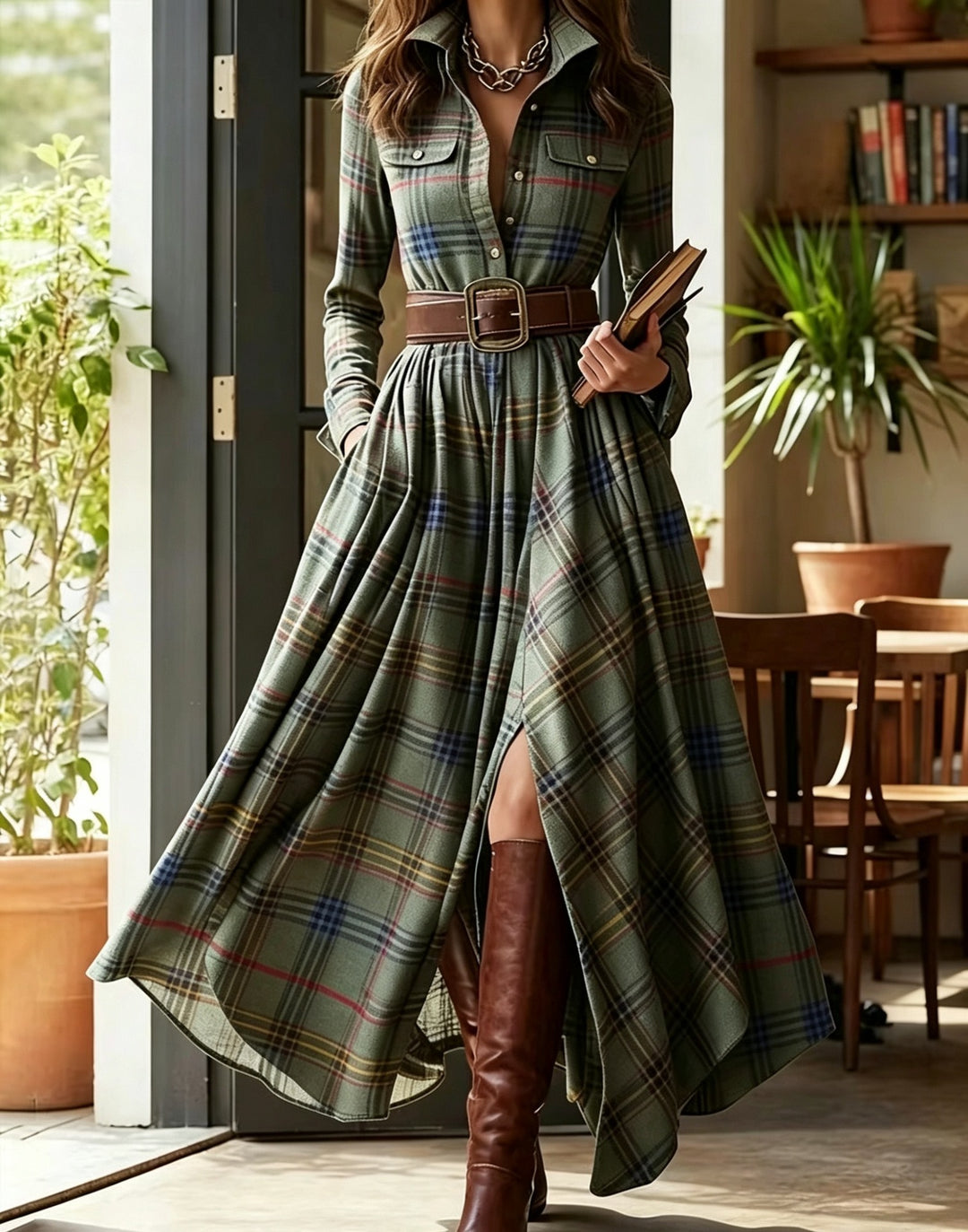 Women checked maxi dress shirt dress with flared skirt and wide waistband Mune Fashion