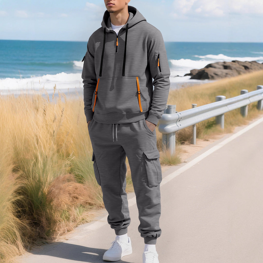 Men's casual half-zip hoodie with kangaroo pocket and cargo jogging pants with zipper details Mune Fashion