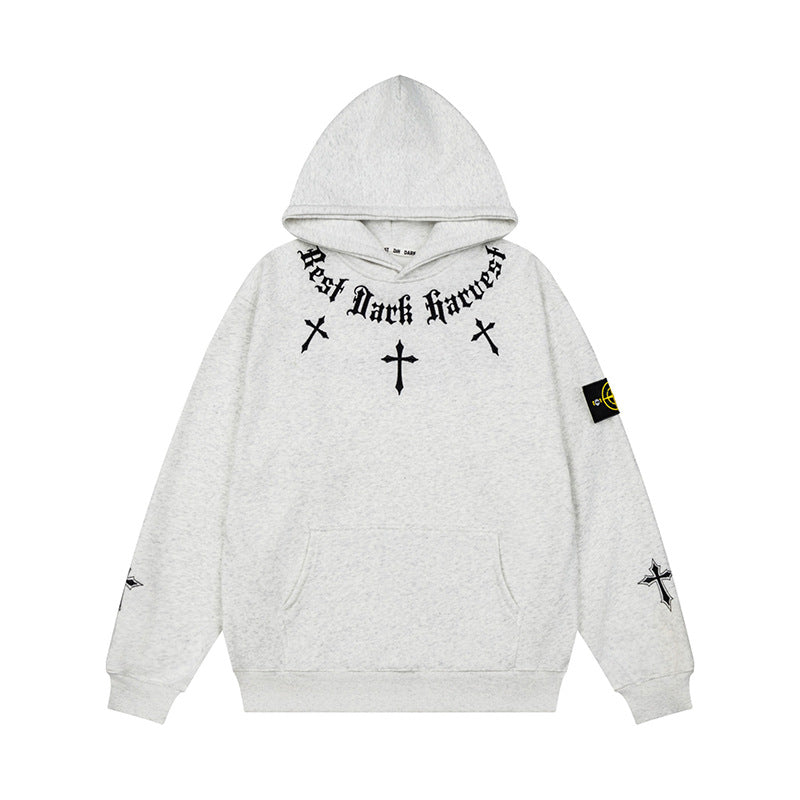 Unisex Oversize Hoodie with Gothic Cross Print, Kangaroo Pocket and Ribbed Cuffs Mune Fashion