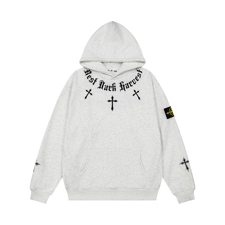 Unisex Oversize Hoodie with Gothic Cross Print, Kangaroo Pocket and Ribbed Cuffs Mune Fashion