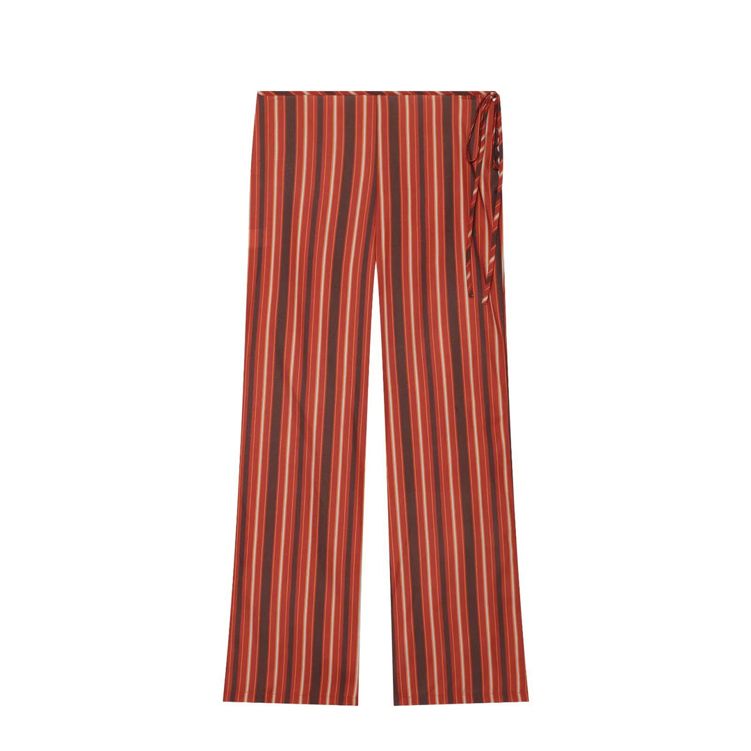 Women's Wide Highwaist Pants with Vertical Stripes and Side Tie Loop Mune Fashion