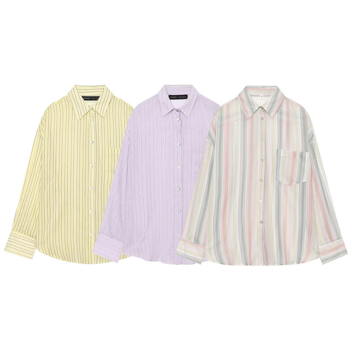 Women's Oversized Shirt Blouse with Vertical Pinstripes and Chest Pocket Mune Fashion
