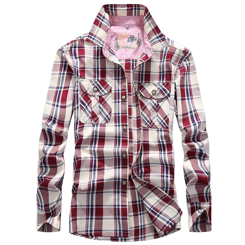 Men's Checked Cotton Flannel Shirt Jacket with Chest Flap Pockets and Shirt Collar Mune Fashion