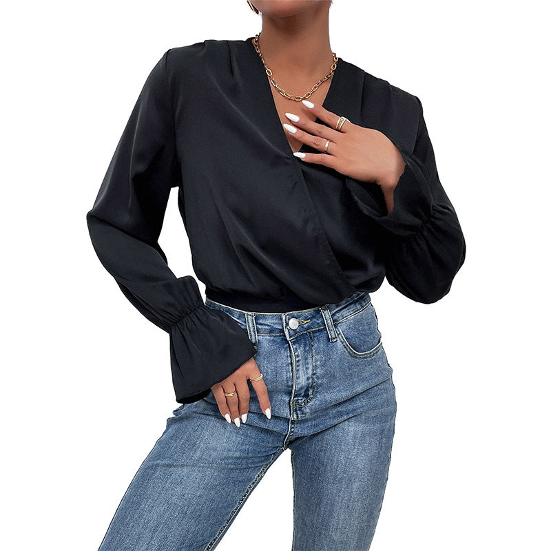 Women's satin bodysuit with wrap look, V-neck, elastic waist and ruffle sleeves Mune Fashion