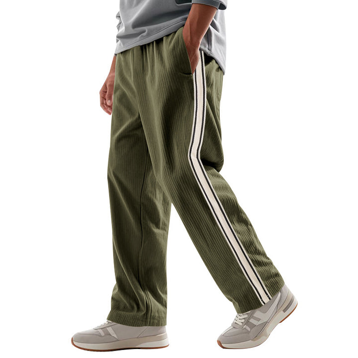 Men's Relaxed Corduroy Look Track Pants with Side Stripes, Elastic Waistband & Drawstring Mune Fashion
