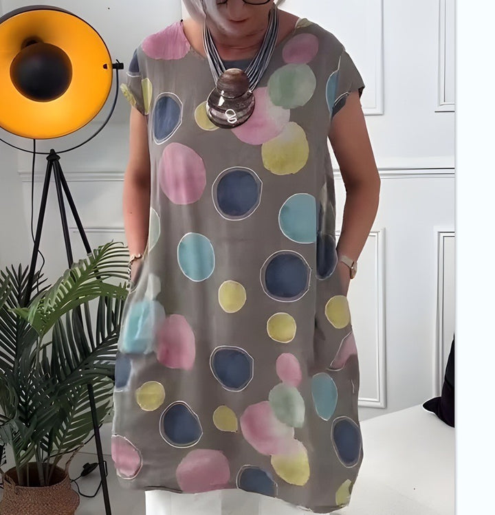 Ladies' airy tunic midi dress made of linen blend with watercolor flower print and side pockets Mune Fashion