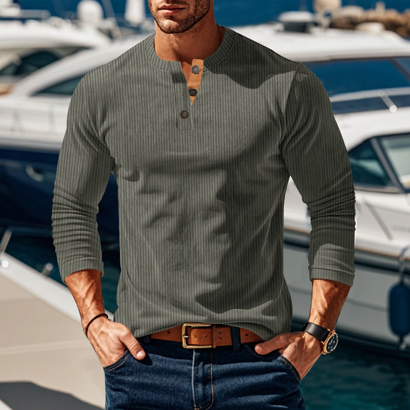 Men's ribbed long-sleeve Henley shirt with stand-up collar and concealed placket made of breathable jersey Mune Fashion