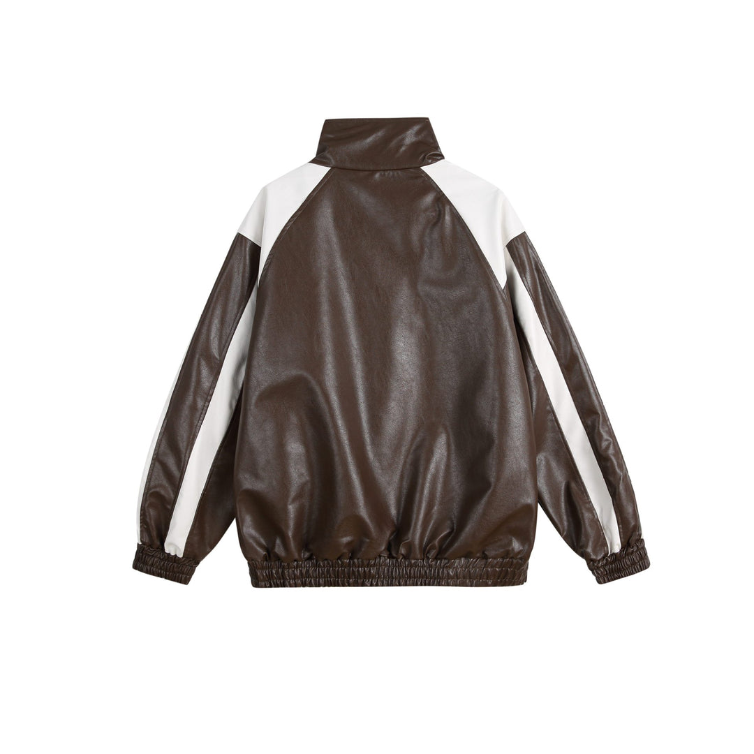 Women's faux leather track jacket in oversized cut with high stand-up collar and logo panel Mune Fashion