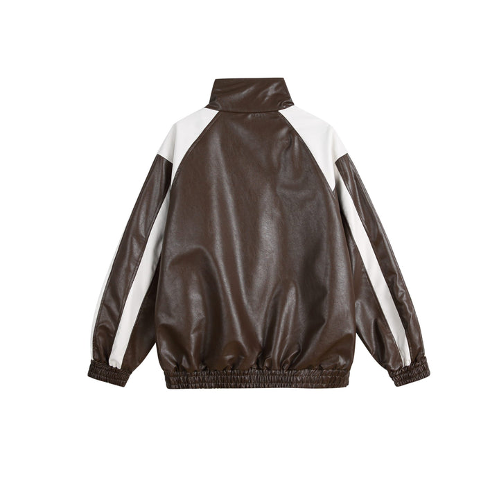 Women's faux leather track jacket in oversized cut with high stand-up collar and logo panel Mune Fashion