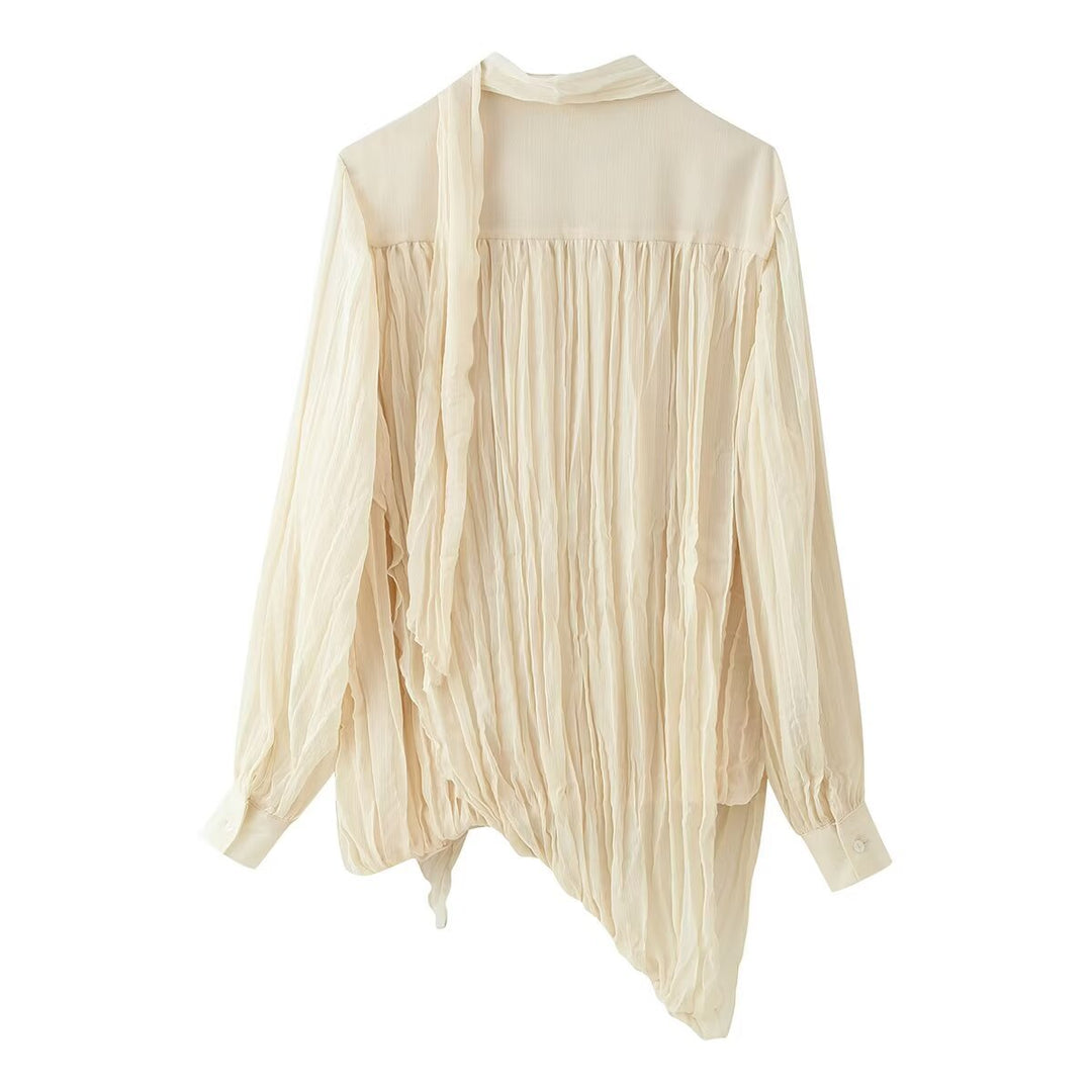 Women Pleated Chiffon Blouse with Bow Collar and Gathered Hemline Mune Fashion