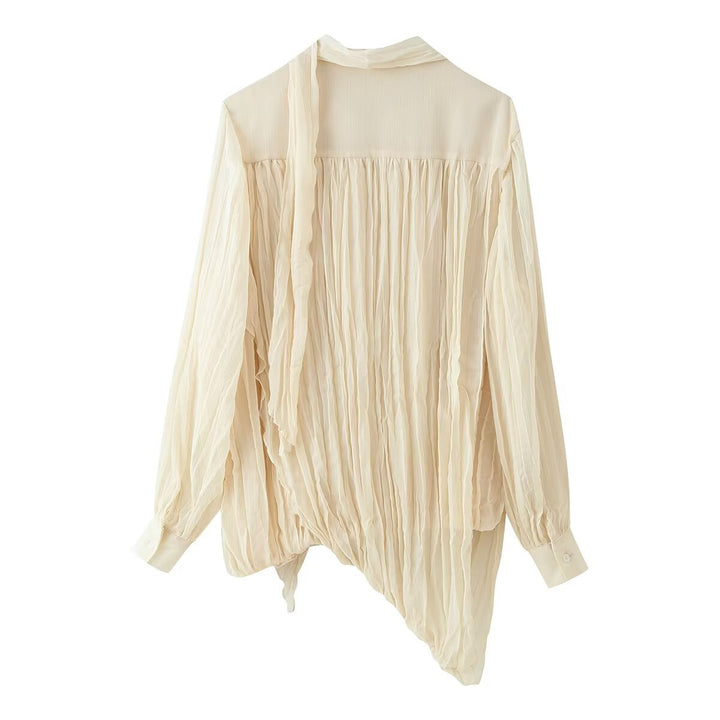 Women Pleated Chiffon Blouse with Bow Collar and Gathered Hemline Mune Fashion