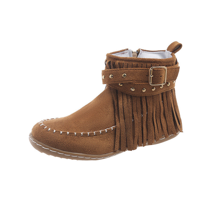 Women's fringe ankle boot in moccasin style with decorative studs, buckle strap, and side zipper Mune Fashion