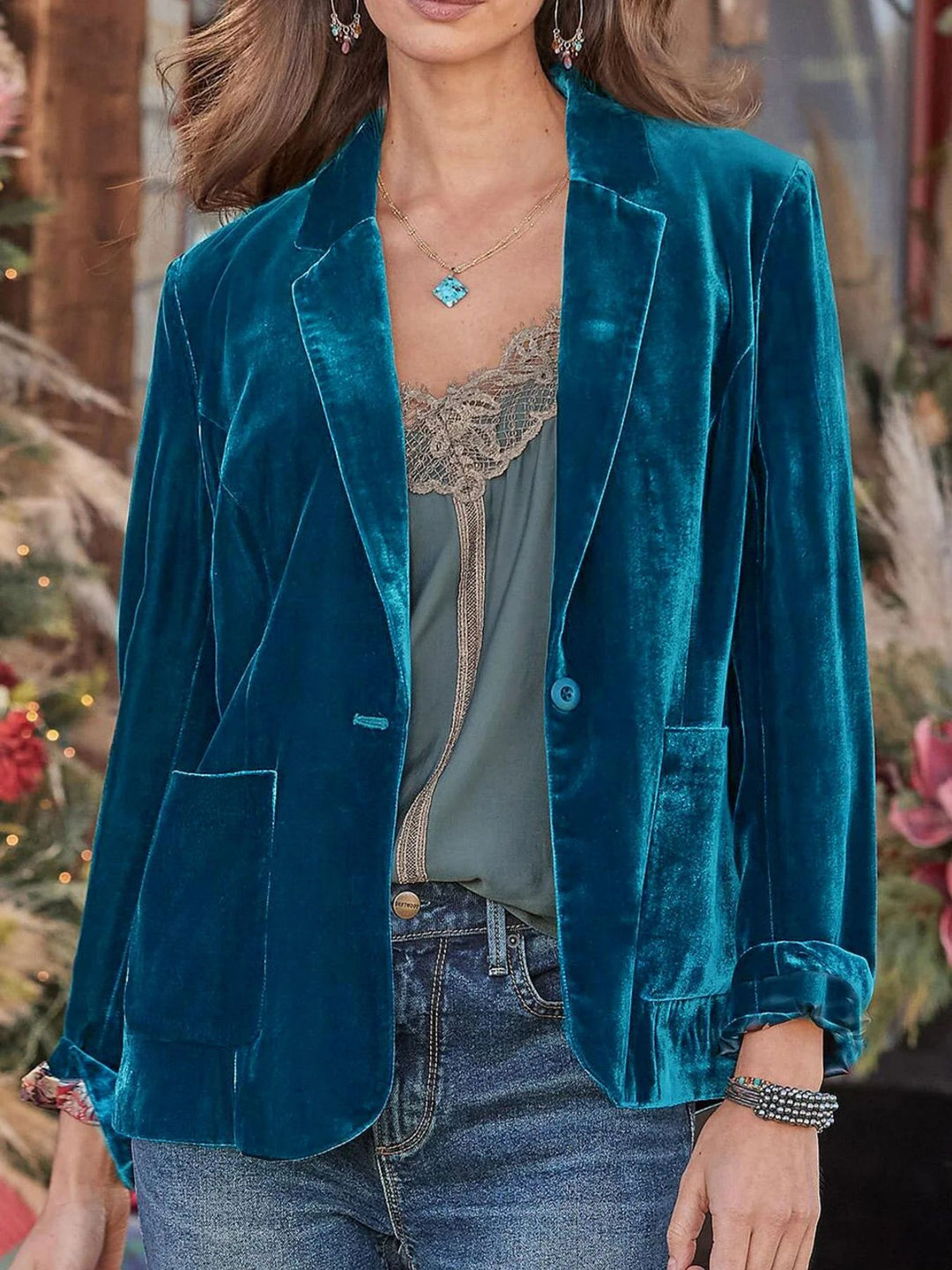 Women's velvet blazer with classic lapels and soft drape