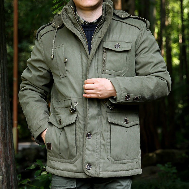 Men's quilted field parka with hood, shoulder flaps and multifunctional pockets