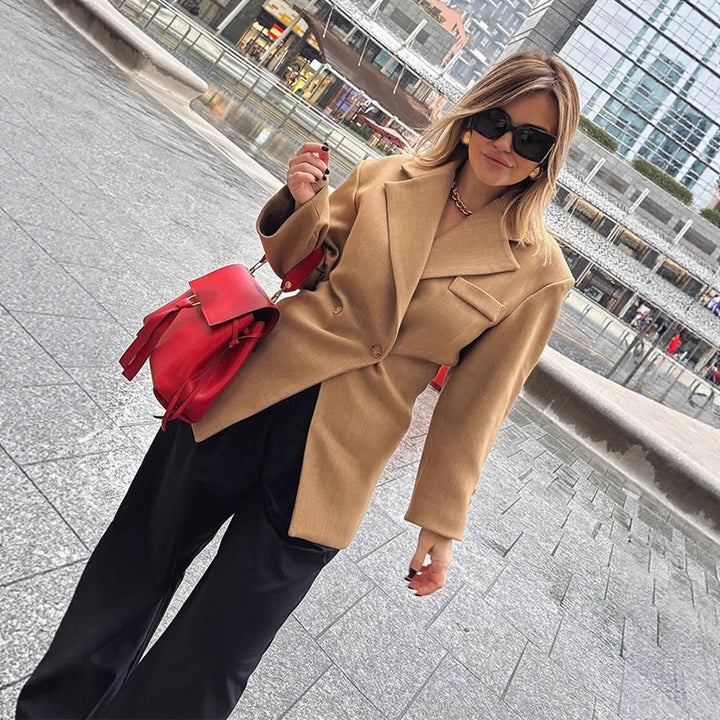 Women's Tailored Wool Blend Blazer with Emphasized Waist and Distinctive Shoulder Area Mune Fashion