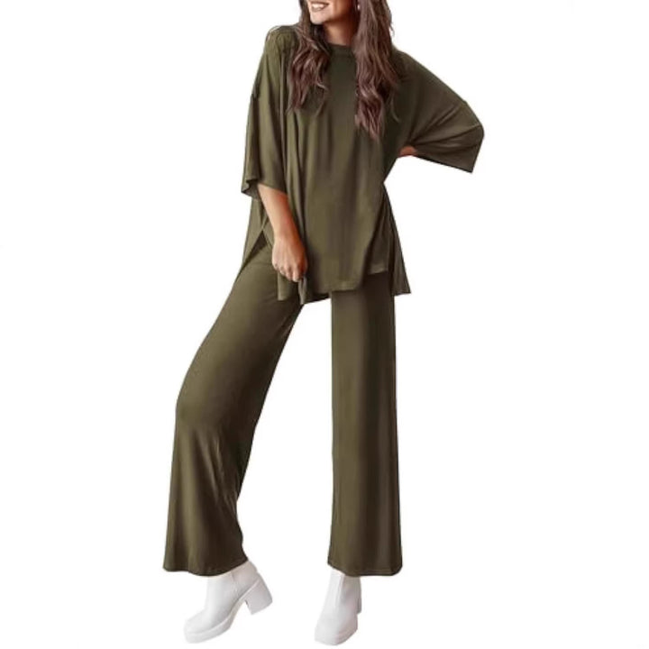 Women's Casual Lounge Set made of Soft Jersey with Oversized Tunic and Wide Palazzo Pants Drune