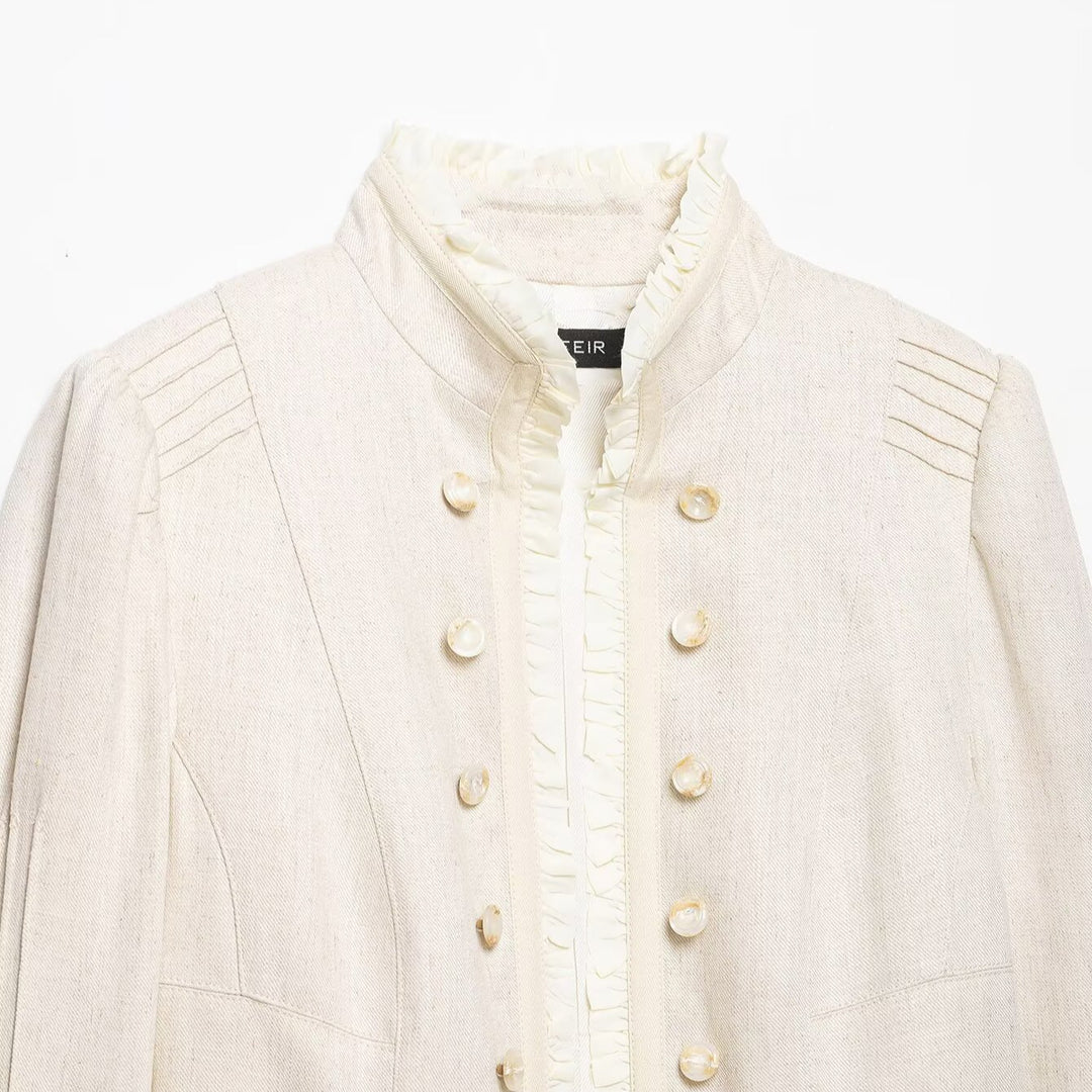 Women Cropped Jacket with Stand Collar, Pleated Sleeves and Ruffle Trim Mune Fashion