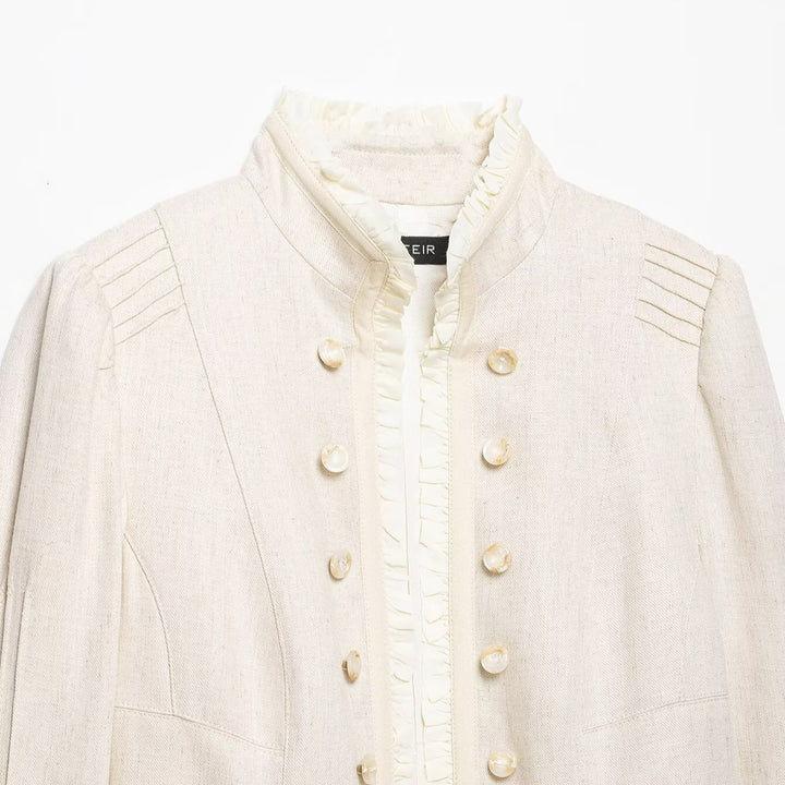 Women Cropped Jacket with Stand Collar, Pleated Sleeves and Ruffle Trim Mune Fashion